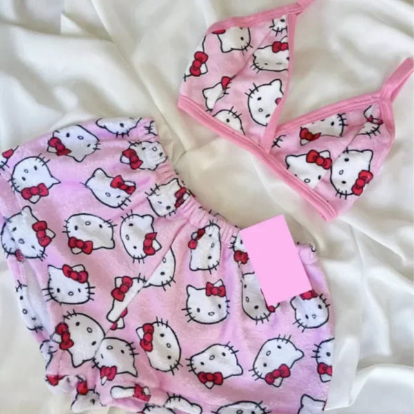 Hello Kitty Pajamas Cartoon Sleeping Background Family Lounge Women'S Beach Wear 2 Pieces Summer