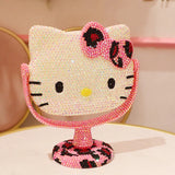 Kawaii Hello Kitty Vanity Mirror Cartoon Shiny Rhinestones Beauty Handheld Mirror Diamond Pink Girls Flip Girlfriend Birthday G