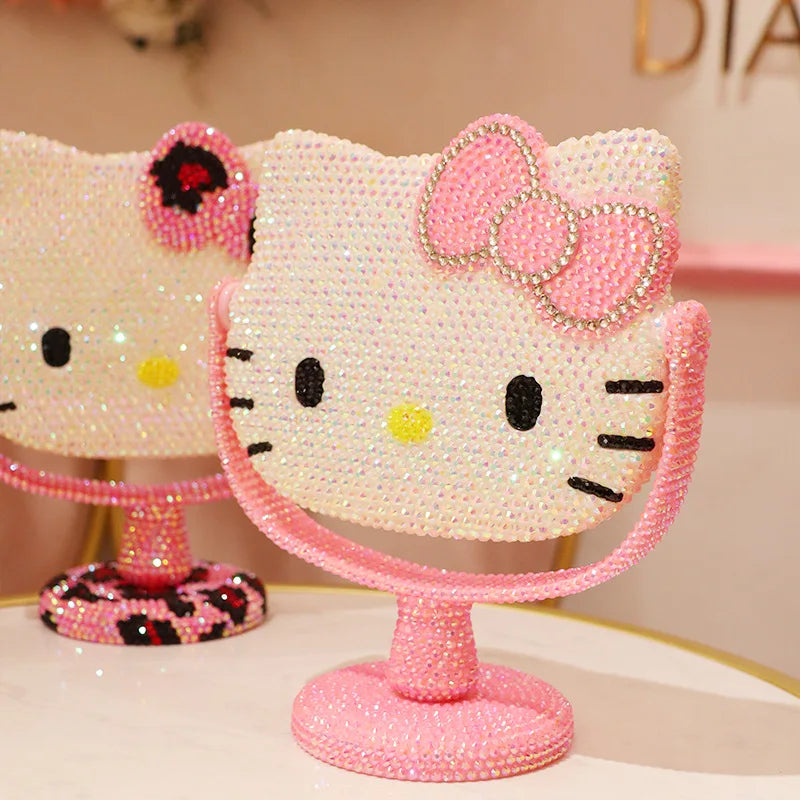 Kawaii Hello Kitty Vanity Mirror Cartoon Shiny Rhinestones Beauty Handheld Mirror Diamond Pink Girls Flip Girlfriend Birthday G