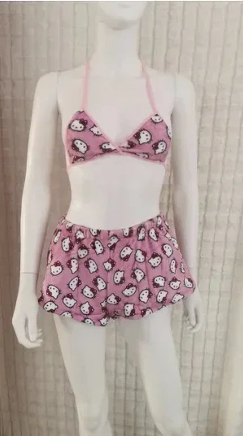Hello Kitty Pajamas Cartoon Sleeping Background Family Lounge Women'S Beach Wear 2 Pieces Summer