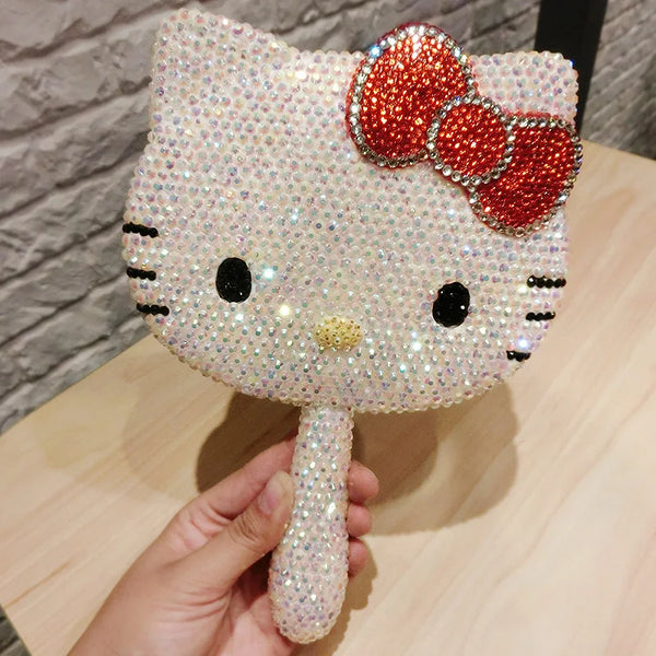 Kawaii Hello Kitty Vanity Mirror Cartoon Shiny Rhinestones Beauty Handheld Mirror Diamond Pink Girls Flip Girlfriend Birthday G
