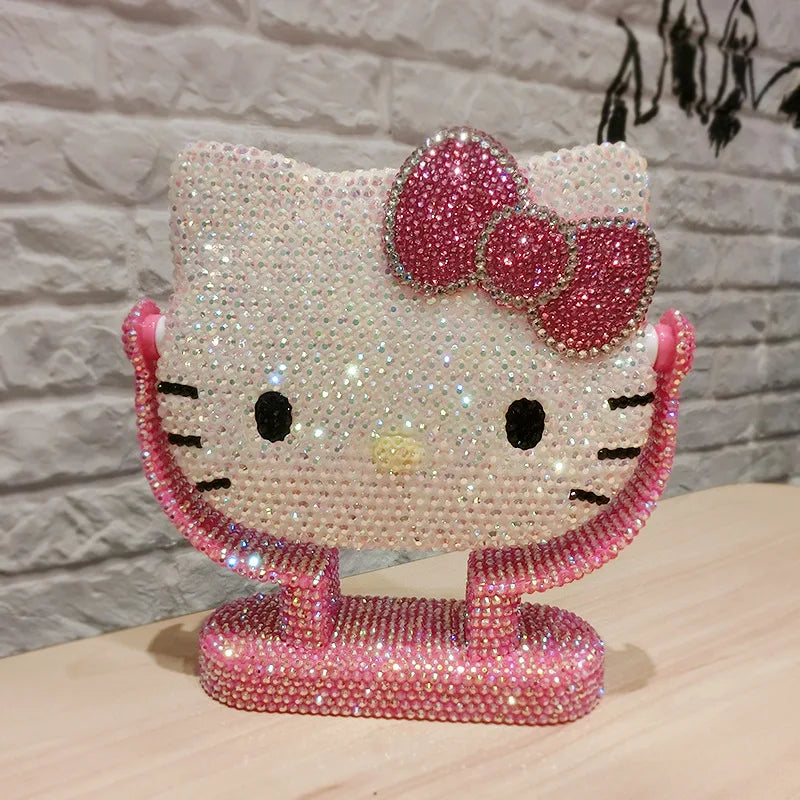 Kawaii Hello Kitty Vanity Mirror Cartoon Shiny Rhinestones Beauty Handheld Mirror Diamond Pink Girls Flip Girlfriend Birthday G