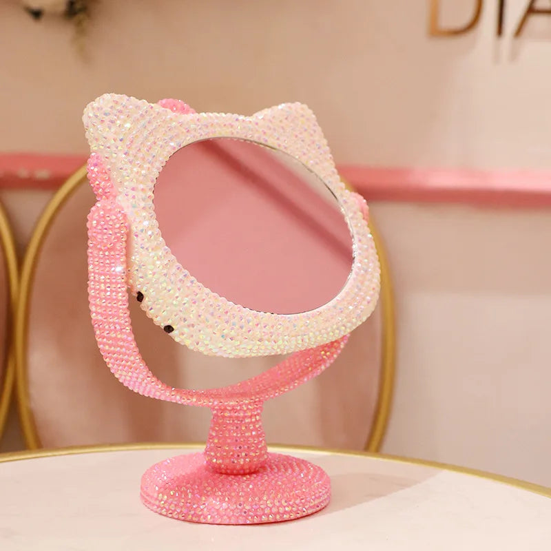 Kawaii Hello Kitty Vanity Mirror Cartoon Shiny Rhinestones Beauty Handheld Mirror Diamond Pink Girls Flip Girlfriend Birthday G
