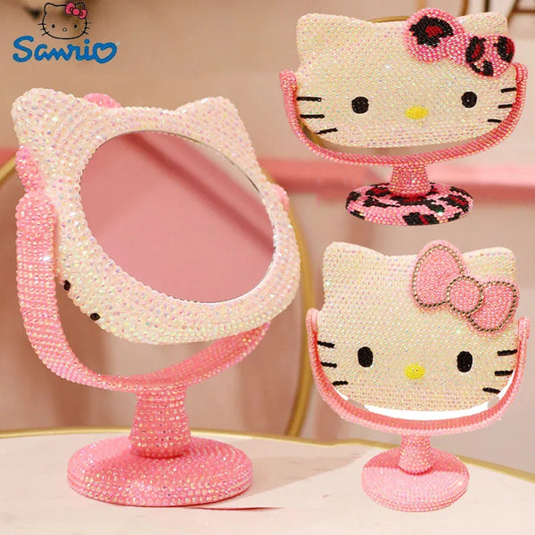 Kawaii Hello Kitty Vanity Mirror Cartoon Shiny Rhinestones Beauty Handheld Mirror Diamond Pink Girls Flip Girlfriend Birthday G