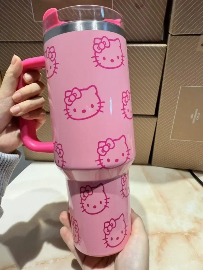 Copo Térmico Kawaii 1,2 Litros com Canudo – Edição Gatinha Rosa com Alça