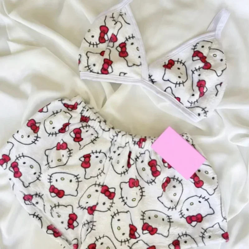 Hello Kitty Pajamas Cartoon Sleeping Background Family Lounge Women'S Beach Wear 2 Pieces Summer